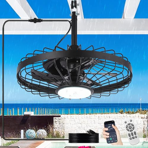 Depuley Ventilador de techo para exteriores con luz: Ventiladores impermeables negros de 20 pulgadas con luces para cenadores - Ventiladores con jaula y mando a distancia para patios