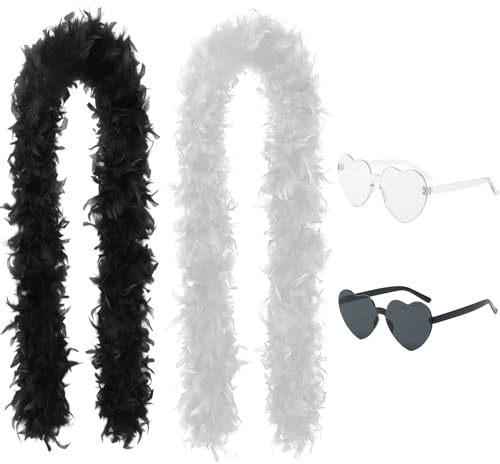 Boa di piume bianco e nero, set di 4 occhiali da sole a forma di cuore e piume, lunghezza 2 metri, per feste, matrimoni e costumi