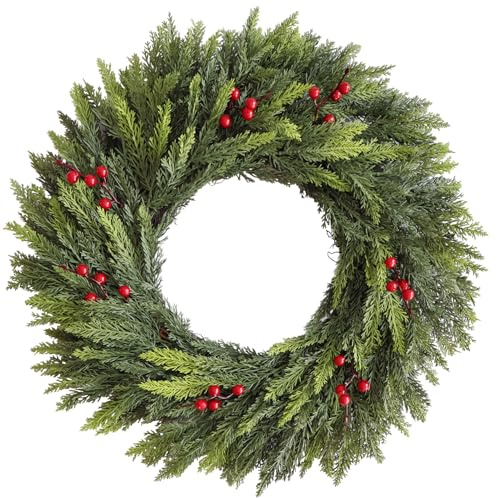 BINFEN 20” Green Faux Norfolk Cedar Christmas Winter Wreath with Red Berry – Fake Real Touch Pine Xmas Wreaths for Front Door Porch Mantel & Fireplace, Christmas Decor