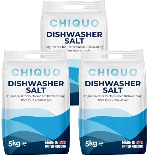 Chiquo Dishwasher Salt 5kg - Made in the United Kingdom - High Purity Formula - For Dishwashers & Water Softeners - Limescale Protection - Fast Dissolving Granules (5kg (Pack of 3))