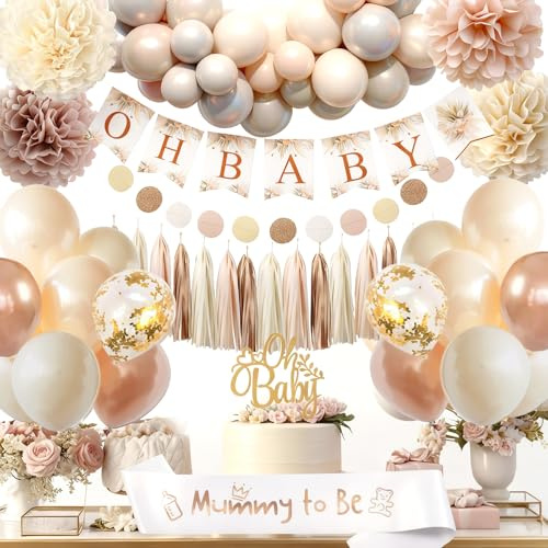 Babyparty Deko Mädchen Junge, Baby Shower Deko, Beige Nude Weiß Baby Party Dekoration Neutral, Oh Baby Girlande, Luftballons Girlande für Gender Reveal Boho Boy or Girl Ballon Deko