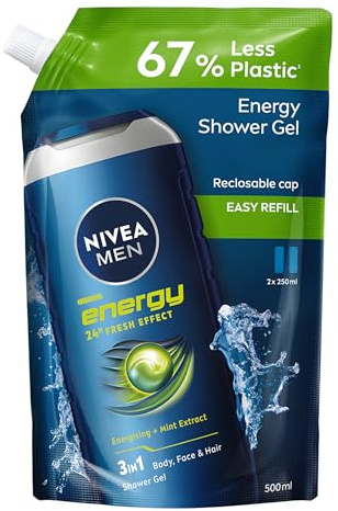 NIVEA MEN - Gel Douche Energy 3-en-1 - Corps, Visage & Cheveux - Vivifiant & Rafraîchissant - Formule Douce À L'Extrait De Menthe - pH Neutre - Tous Types De Peaux - Format Recharge 500 ml