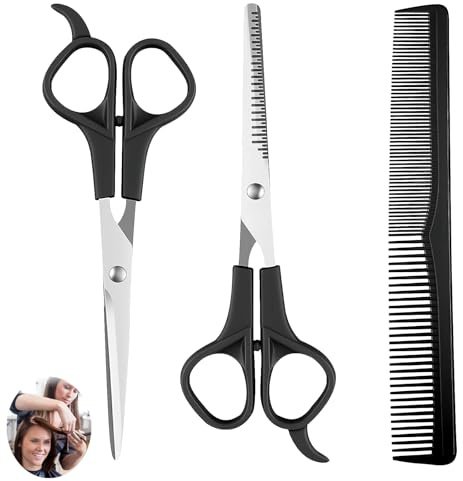 3 PCS Hair Scissors Set,Hairdressing Scissors, Professional Hairdressing Kit with Comb, Thinning Scissor Hairdressing, for Men Women Hairdressers Home Haircut Kit (Black)