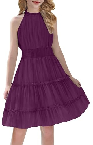 Arshiner Robe Filles Violette élégante Coupe Trapèze Mode été Robes Cintrée Fête Robe Enfant sans Manches Robes de Soirée Unie pour Filles 12-13 Ans