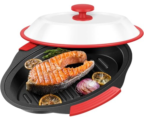Microwave Grill Pan with Lid, Non-Stick Microwave Pan Multi-Use Griddle & Crisper Tray with Silicone Handle, Microwaves Cookware for Potatoes, Bacon, Steaks, Sandwiches, 27x20.5x9cm (Red)