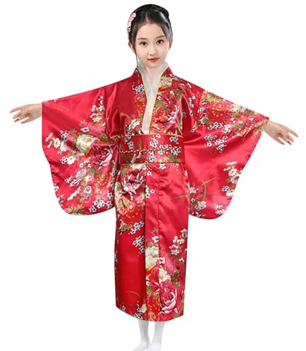 Generico Vestito Giapponese Bambina Kimono Bambina Vestito CarnevaleCinese Geisha Tradizionale Costume da Ragazza Giapponese Stile Kimono per FesteCarnevale (02-b-Red, 7-8 Years)