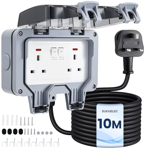 SURAIELEC Double Outdoor Weatherproof Socket with 10m Extension Lead | 13Amp 2 Gang IP66 Outside Plug Sockets, Independent Switches & LED Indicator, Wall Electrical Outlet Cover Box for Garden