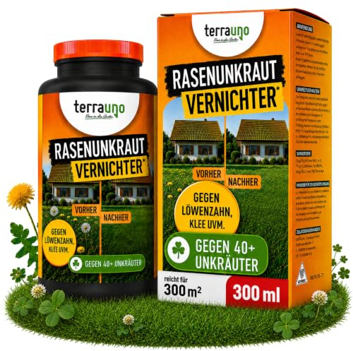 TerraUno Unkrautvernichter Rasen 300 ml, Flüssiges Unkrautvernichtungsmittel extra stark, gegen über 40 Unkräuter, Löwenzahn und Klee Vernichter, Rasenunkrautvernichter mit wurzeltiefer Wirkung