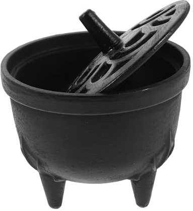 HOMSFOU Mini Caldero de Hierro Fundido Negro con Tapa Hueca y Trípode Vintage para Quemar Incienso Natural y Rituales de Meditación Hogar