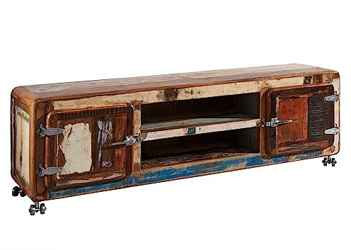 MASSIVMOEBEL24.DE | FREEZY massives TV-Board #32 - Mehrfarbig, lackiert aus Altholz 2 Türen - offene Fächer 45x180x53cm mit Eisenhebel als Griffe Lowboard