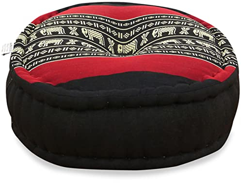 livasia Meditationskissen - Ø 38x15cm - Yogakissen mit Kapokfüllung, Pouf, Bodenkissen rund für Yoga und Zen Meditation, Zafukissen für Garten und Balkon, Sitzkissen handgemacht (Schwarz/Elefanten)