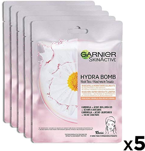 Garnier SkinActive, Maschera in tessuto super-idratante e lenitiva Hydra Bomb, Per pelli secche e sensibili, Camomilla, Confezione da 5