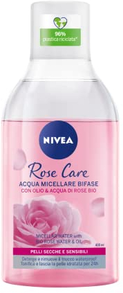 NIVEA Rose Care Acqua Micellare Bifase 400 ml, Struccante viso e occhi con Olio e Acqua di Rose Bio efficace sul trucco waterproof, Detergente viso, occhi e labbra per pelli secche e sensibili