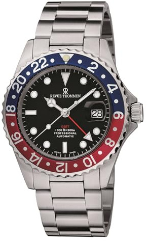 Revue Thommen GMT Herren-Automatikuhr aus Edelstahl, 42 mm, analog, schwarzes Zifferblatt, 2. Zeitzone Armbanduhr für Herren, 17572.2135