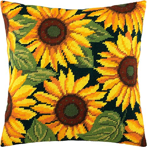 Brvsk Girasoles. Kit de bordado con lienzo tapiz impreso (40 × 40 cm) — Kit de cojines de bordado para decoración creativa del hogar — Kit de costura para adultos principiantes