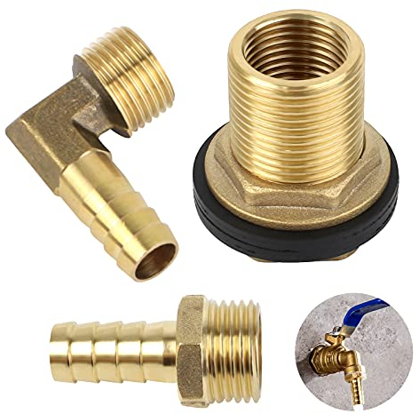 1 Set Tankverschraubung Regentonnenanschluss Schlauchtülle für Regentonnen Zisternen (1*Schlauchverbinder 3/4 zoll auf 1/2 zoll, 1* Schlauchtülle 1/2, 1* schlauchtülle 1/2 Winkel, 2 Gummidichtungen)