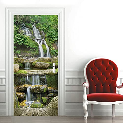 A.Monamour Türtapete Selbstklebend Türfolie Türposter 3D Wasserfall In Tiefer Wald Naturlandschaft Vinyl Folie Türdeko Tapete Wandbild Türaufkleber Türtattoo 77 x 200 cm