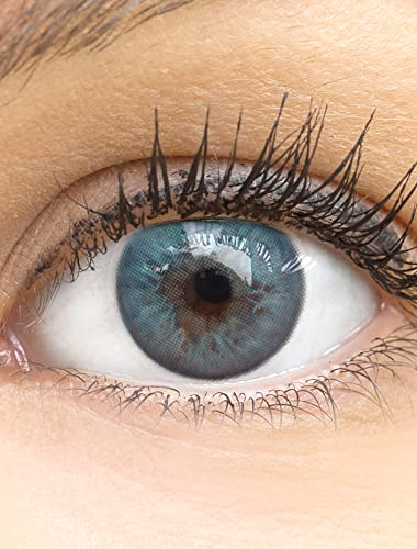 Sehr stark deckende und natürliche blaue Kontaktlinsen SILIKON COMFORT NEUHEIT farbig „Lucca Blue“ + Behälter von GLAMLENS - 1 Paar (2 Stück) - DIA 14.00 - ohne Stärke 0.00 Dioptrien