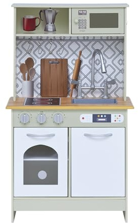 Teamson Kids Little Chef Boston Modern Farmhouse - Set da Gioco in Legno con funzioni interattive e 9 Accessori da Cucina, Verde Chiaro/Bianco TD-12679D