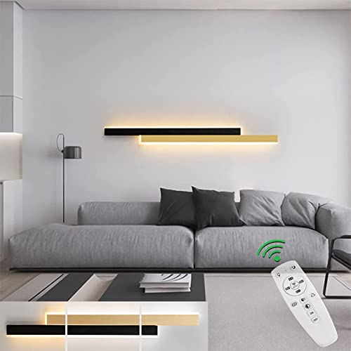 LED Gold Wandleuchten Innen mit Fernbedienung Dimmbare Wandlampe Up Down Lang Streifen Warmweiß Schwarz Lichtleiste Wandbeleuchtung für Schlafzimmer Wohnzimmer Flur Treppenhaus,120cm 78w
