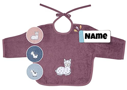 Langarm Lätzchen Baby bestickt mit Namen | 100% Baumwolle | personalisiert | Lätzchen mit Ärmel Baby | verschiedene Varianten (lila Lama)