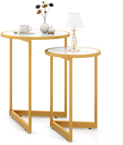 Giantex Nesting End Tables Set of 2, Round Stacking Side Table, Modern Nesting Coffee Table with Marble Pattern Wooden Tabletop & Golden Metal Frame, Nesting Tables for Living Room, Small Space, White