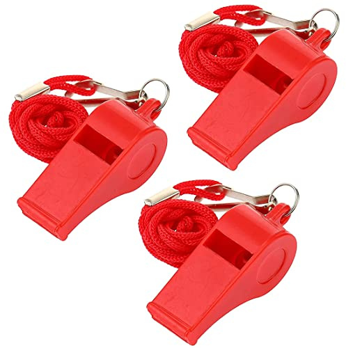 Lot de 3 sifflets rouges avec cordon en plastique pour entraîneur de sauvetage, 4,6 x 4,6 cm