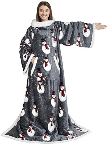 PAVILIA Premium Sherpa-Fleecedecke mit Ärmeln für Damen und Herren, tragbare Decke, warm, gemütlich, super weich, dicke Ärmel, Überwurf mit Armtasche, Mutter, Frau (Schneemann-Grau)
