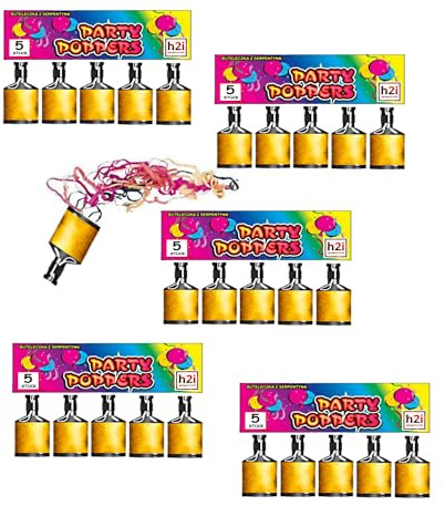h2i Schampus Party Lot de 25 pétards avec bang et serpentins colorés – Convient à l'intérieur – Le classique – Plaisir de fête pour jeunes et moins jeunes + autocollants h2i