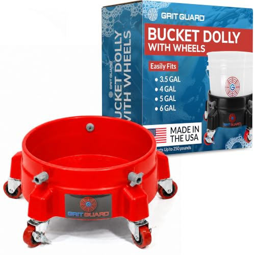 Grit Guard Bucket Dolly with Wheels - Rolling Detailing Wash Bucket with 5 Wheels and 2 Locking Casters Compatible with 2.5, 4, 5 and 6 Gallon Buckets (Red, 2 Red Casters) - Made in the USA