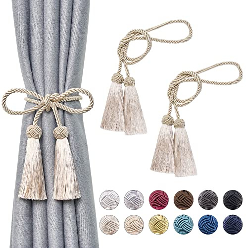 Pretty Jolly 2 Stück doppelte Quaste Vorhang Raffhalter handgemachte Seil Knoten drapieren Raffhalter Krawatte zurück Elegante dekorative Vorhanghalter für Haus & Büro Fenster Draperie (Dunkelbeige)