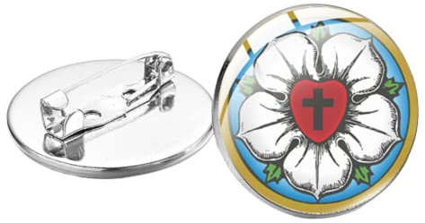 Lutheranismus-Brosche, christliches Kreuz, Lutherrose, rotes Herz, Glas, Cabochon, lutherisches Siegel, Anstecknadeln, für Herren und Damen, religiöser Schmuck, Metall