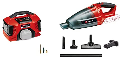 Einhell Compresseur sans fil PRESSITO 18/21 Power X-Change & Aspirateur à main sans fil TE-VC 18 Li Solo -Système Power X-Change (Livré avec accessoires (Buse, buse à rainures...)