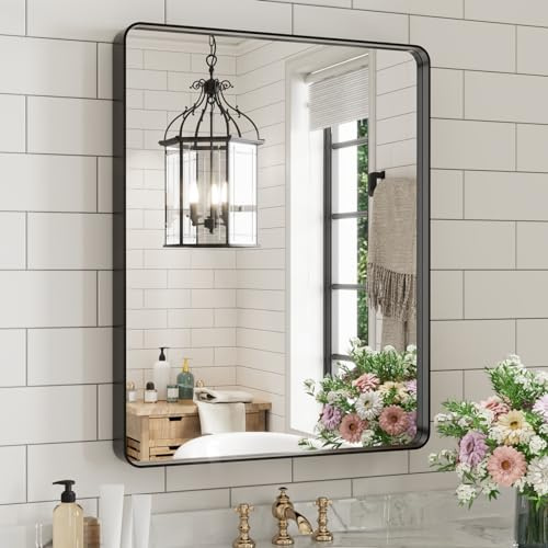 WEER Black Bathroom Mirror for Wall, 24X30 Inch Matte Black Mirror, Rectangular Black Metal Framed Vanity Mirror with Tempered Glass, Rounded Corner, Anti-Rust (Horizontal/Vertical)