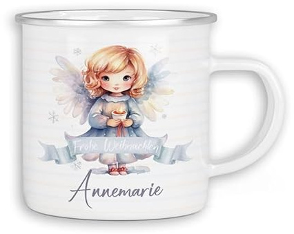 timalo® Emaille Tasse personalisiert mit Namen | Kinder Blechtasse Kindertasse Geschenk Weihnachten | Engel