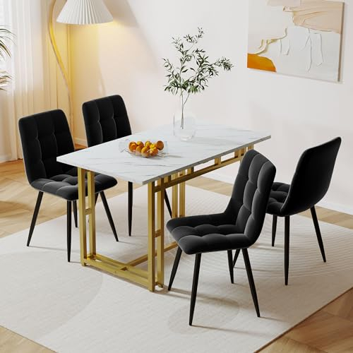 Merax 120x70cm Esstisch mit 4 Stühlen Set,Esszimmertisch-Set mit Goldenem Tisch und 4 Schwarz Samt Stühlen