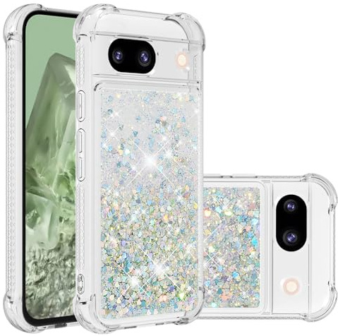 IMIRST telefonfodral kompatibelt med Google Pixel 8a Bling flytande glitter silikonskal stötsäkert Kawaii airbag skyddande fodral för Google Pixel 8a. YBW kärlek silver