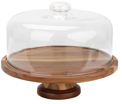 KVMORZE 10.4''Wooden Cake Stand with Glass Dome, 2-in-1 Multifunctional Wooden Cake Plate Serving Tray, Dome Lid Dessert Table Display for Fruit Bowl, Donut Stand, Parties, Weddings, Baking Gifts