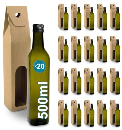 Espirito Rebelde 20 Botellas de Cristal Oscuro 500ml con Tapón de Rosca Negro + 20 Cajas - Aceite de Oliva, Vinagre, Alcohol, Salsas - Aceitera de Cristal