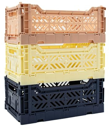 Collapsible Storage Box, Foldable Crate Organizer Bin with Handle, Stackable Crates for Home Organization (Cream-Navy-MilkTea, 4L -3-Pack)