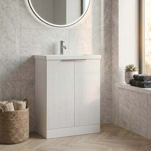 BAYSTONE® Fluted 600mm Bathroom Vanity Unit Ceramic Wash Sink, Cloakroom Storage Furniture Under Basin Cabinet Floorstanding Cupboard, Matt White