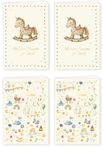 Skorpion PremiumLine Glückwunschkarten zur Geburt Set 4 Stück inkl. Briefumschlag Baby Glückwünsche Junge Mädchen Grußkarte 11,5 x 17 cm umweltfreundliche Klappkarte aus Naturkarton Papeterie