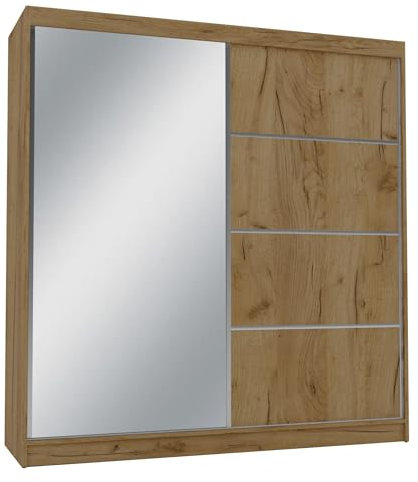 Matteo Wardrobe, Sliding Door Wardrobe with Mirror, Wardrobe with Shelves and Clothes Rail (Oak Craft Gold, 200 x 200 x 61 cm (W x H x D))