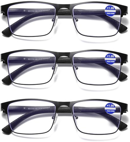 Hubeye 3er-Pack Lesebrille aus Metall für Herren Anti-Blau Licht Sehhilfe Quadrat Männer Brillen Federscharniere Blaulicht Blockierende Computer Lesehilfe 2.50