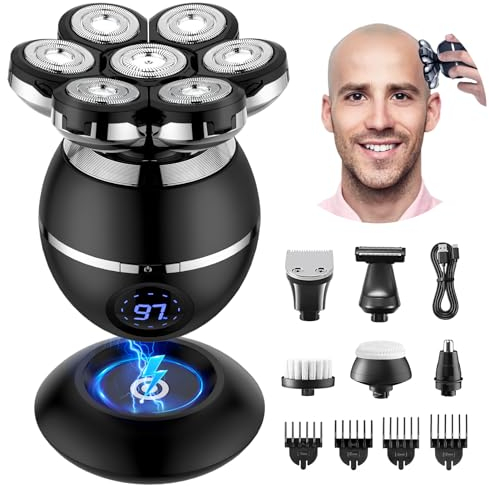 ETENTOUS Glatzen Rasierer Herren Elektrisch, 7D Elektrorasierer Herren -6 in 1 Kopfrasierer für Männer mit Glatze IPX7 Wasserdicht Bart Nasenhaar Trimmer Pflege Kit -Nass&Trocken-Kopfrasierer Glatze.