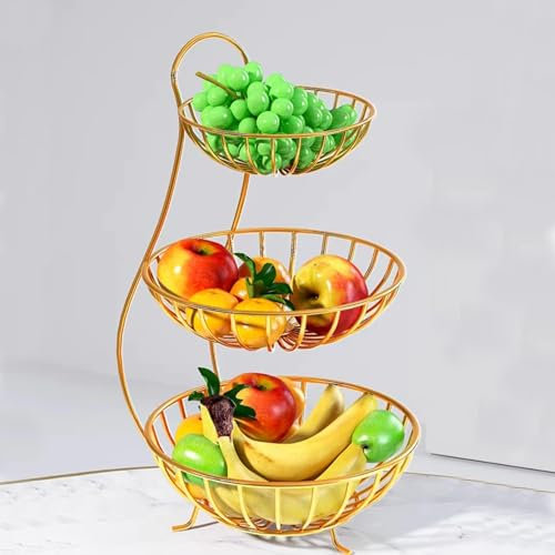 2/3 Ripiani Porta Frutta da Tavolo, Grande Carrello Portafrutta,Metallo Nero Carrelli Portafrutta Moderno, Cestino Portafrutta Decorativo E Espositore for Conservare Verdura Snack(Gold,Three Floors)