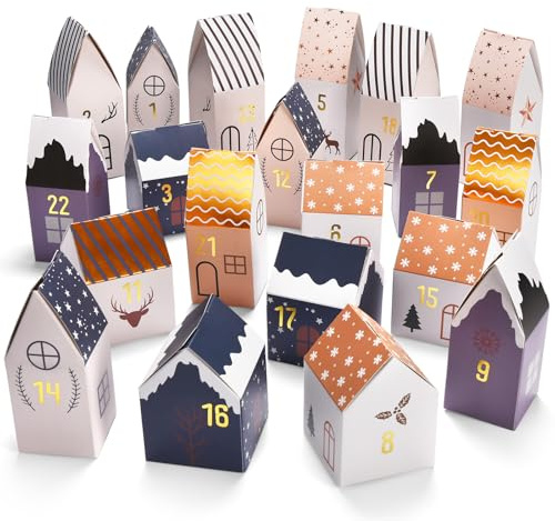KOHMUI Adventskalender zum Befüllen, 24 Weihnachtskalender Häuser zum Selber Basteln, Boxen Weihnachtsdorf Advents Selbstbefüllen Hausform Bastelset