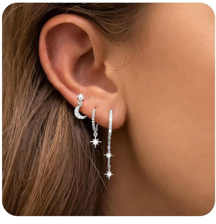 Goiern Ohrringe Set 3 Paar Vergoldet Ohrstecker Set Mond Und Die Sterne Zirkonia Ohrringe Vergoldete Creolen mit Anhänger Minimalistische Earings