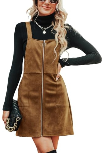 CUPSHE - Abito da donna con tasche, scollo quadrato, cerniera, in simil-pelle, abito con bretelle, abito da lavoro, abito casual, mini abito con cerniera, Arancio bruciato., M