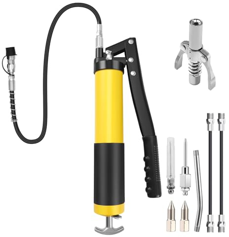 Neulriscn Grease Gun, 8000 PSI Heavy Duty Grease Gun with Lock Coupler and 3 Flexible Hoses, Manual Grease Gun Tool with Extension Rigid Pipe and Nozzles, Fit for 14oz Grease Cartridge, Bulk Loading